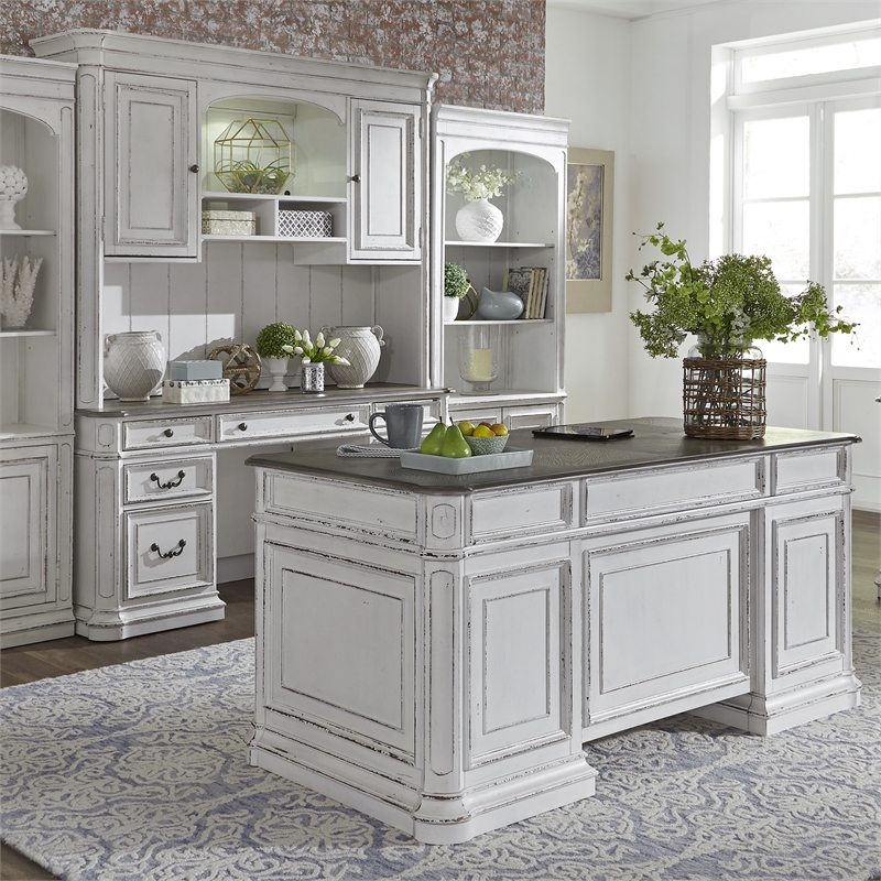 Pemberly Row 5-Piece Wood Desk Set with Hutch in Antiqued White