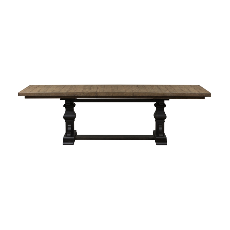 Pemberly Row Wood Trestle Table Set with Self-Storing Leaf in Black/Brown