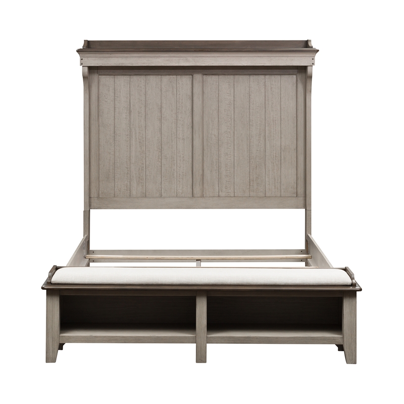 Pemberly Row Queen Mantle Storage Bed with LED Lighting in Weathered Linen