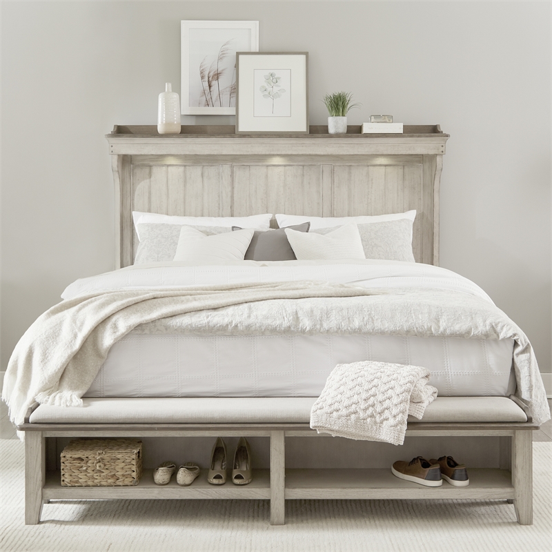 Pemberly Row Queen Mantle Storage Bed with LED Lighting in Weathered Linen