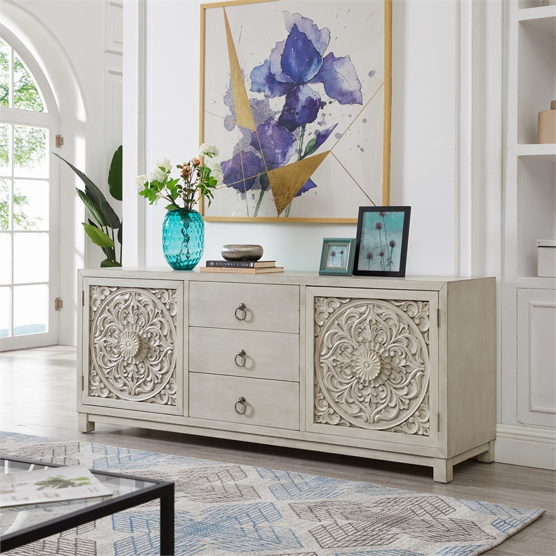 Pemberly Row 2 Door 3 Drawer Accent Cabinet with Floral Pattern in White
