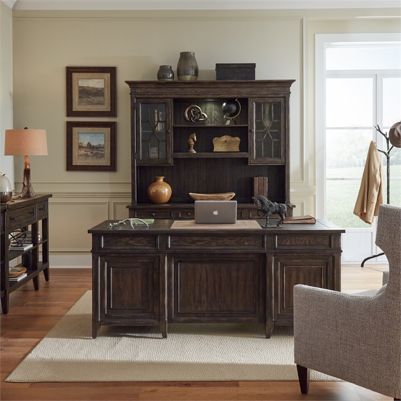 Pemberly Row 5 Piece Executive Desk Set in Saddle Brown Wood Finish