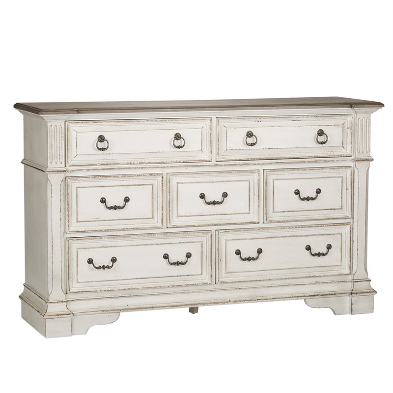 Pemberly Row Traditional 7-Drawer Dresser in Antique White Wood