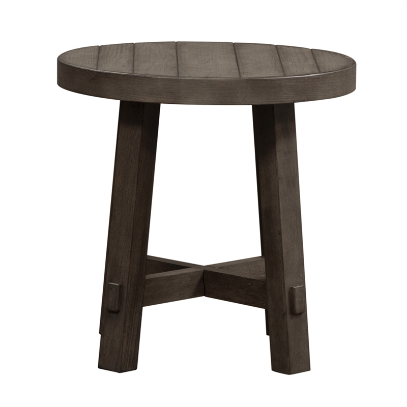 Pemberly Row Dark Gray Splay Leg Round End Table with Planked Top