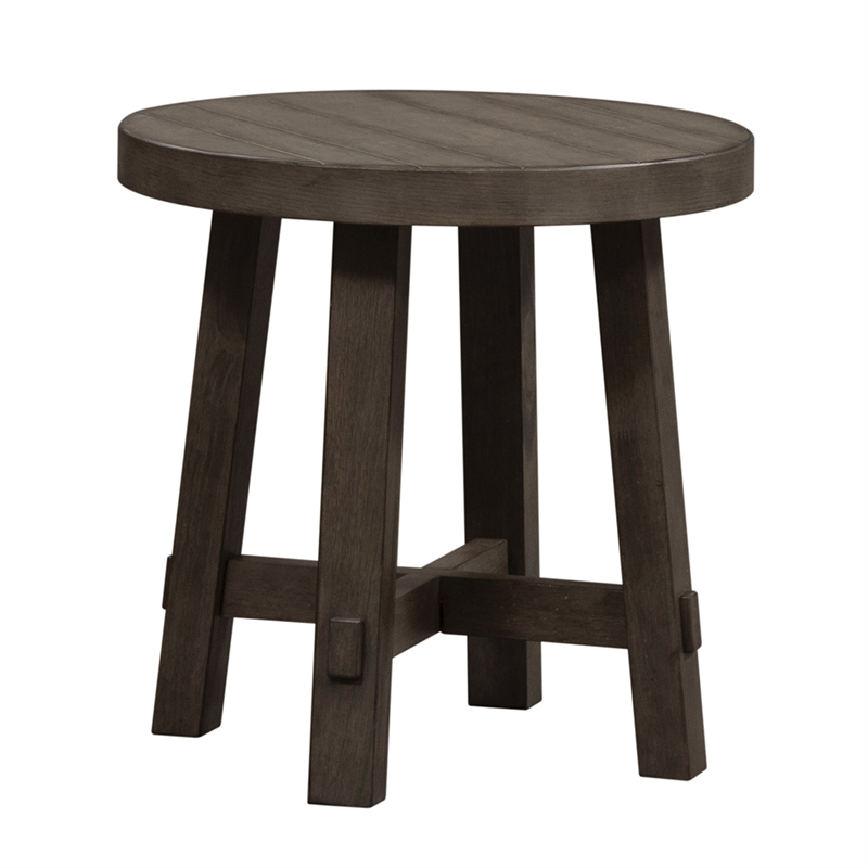 Pemberly Row Dark Gray Splay Leg Round End Table with Planked Top