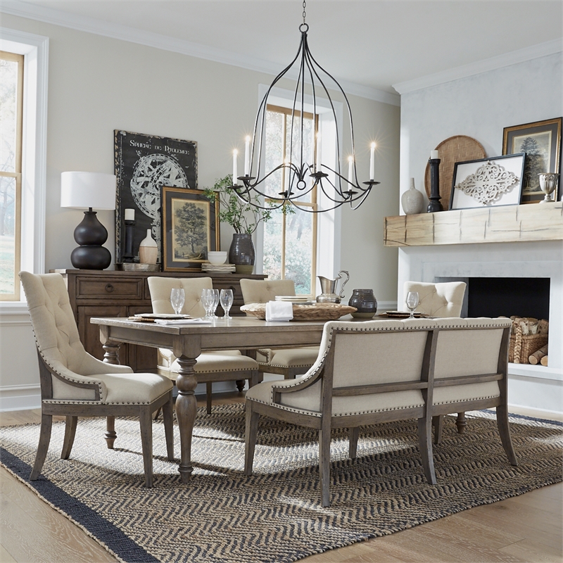 Pemberly Row 6 Piece Leg Table Set with Upholstered Chairs and Bench