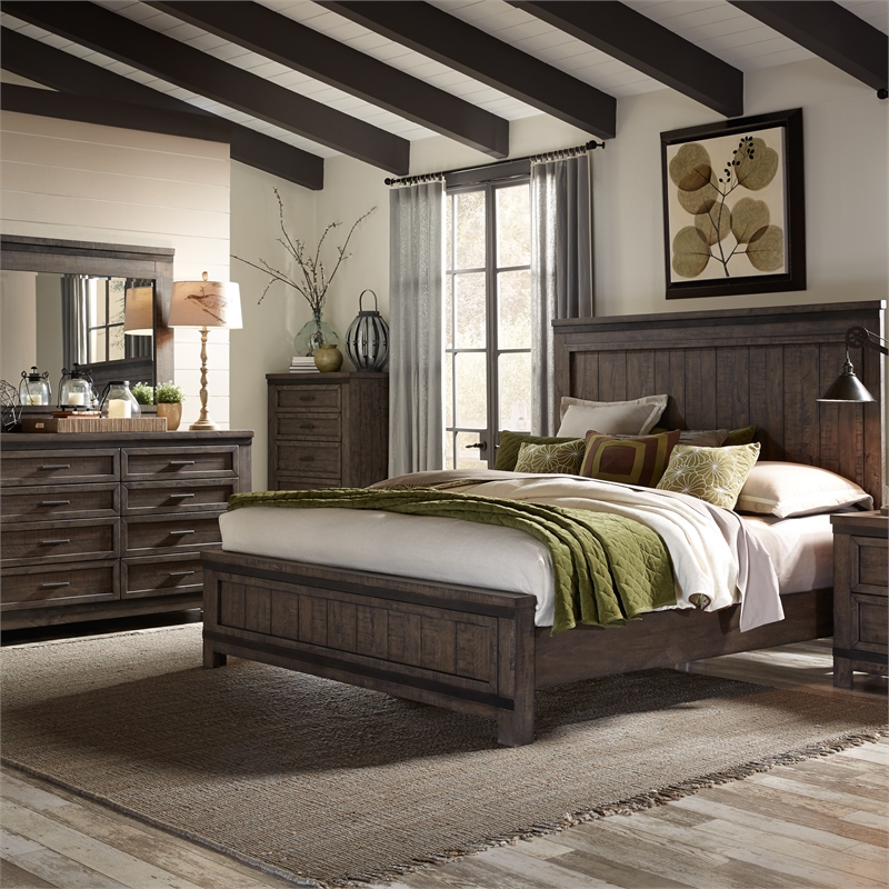 Pemberly Row King Panel Bed in Dark Gray Wood with Metal Accents