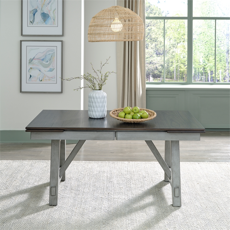 Pemberly Row Trestle Table Set with Two Refectory Leaves in Gray
