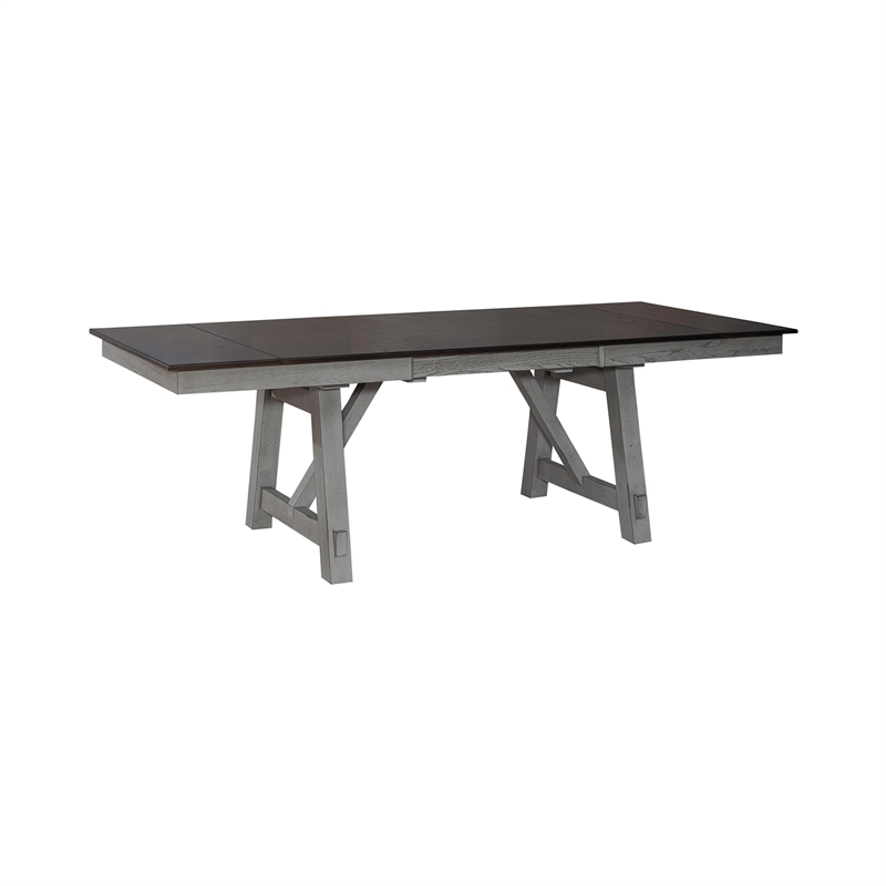 Pemberly Row Trestle Table Set with Two Refectory Leaves in Gray