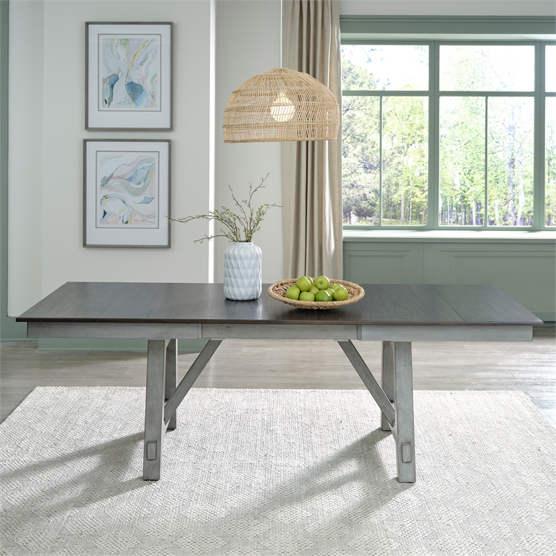 Pemberly Row Trestle Table Set with Two Refectory Leaves in Gray