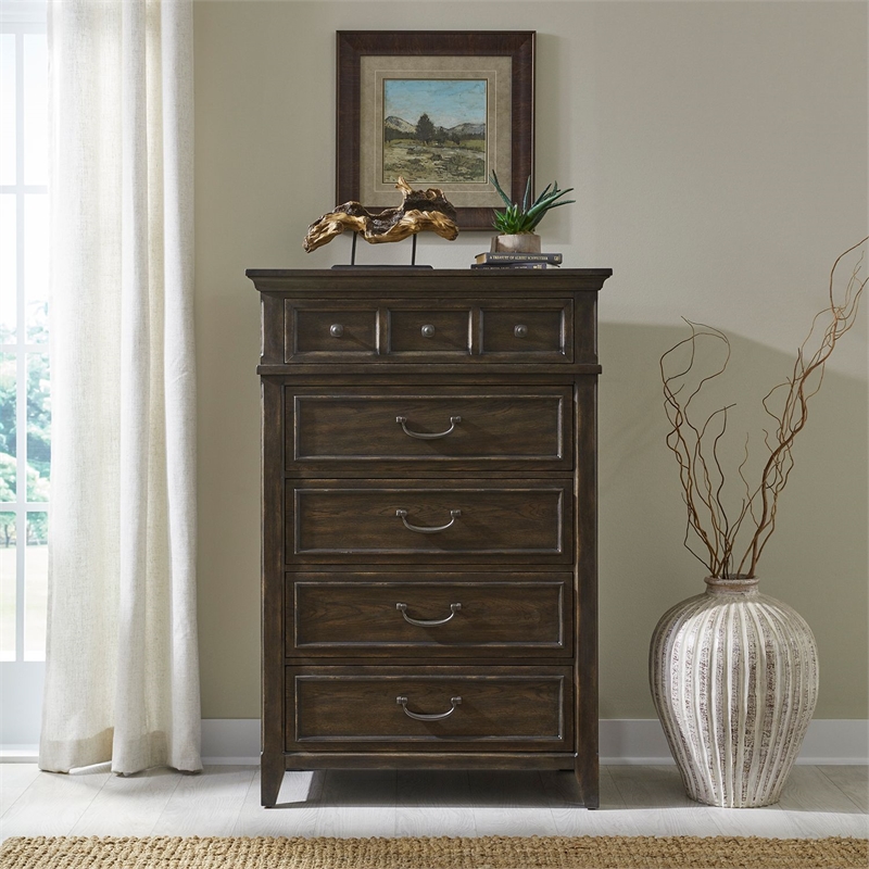 Pemberly Row 5 Drawer Chest with Cedar Lined Drawer in Saddle Brown
