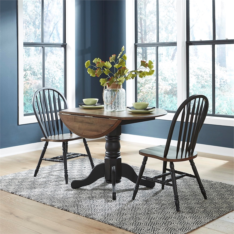 Pemberly Row 3 Pc Drop Leaf Dining Set Wood Black Antique Honey Finish
