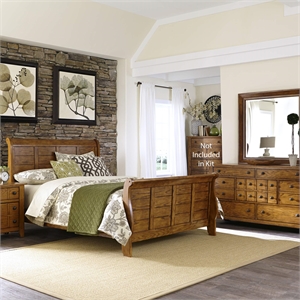 Pemberly Row Queen Sleigh Bed with Dresser Mirror and Nightstand in Medium Brown