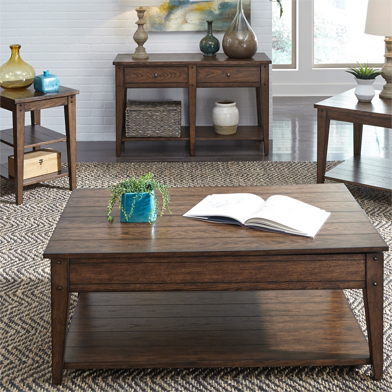 Pemberly Row Lift Top Cocktail Table with Storage Cubbies in Dark Brown