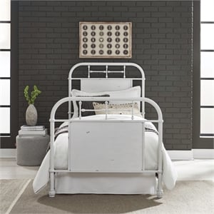 Pemberly Row Full Metal Bed with Headboard Footboard and Rails in Antique White
