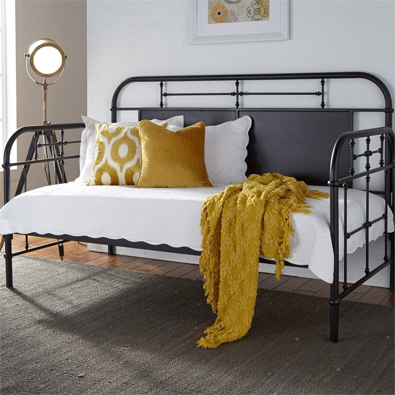 Pemberly Row Twin Metal Day Bed with Turned Spindles in Black