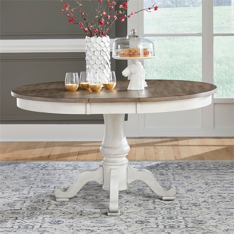 Pemberly Row Round to Oval Pedestal Dining Table with Leaf in White