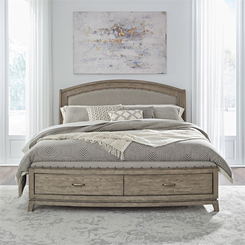 Pemberly Row Queen Upholstered Bed with Dresser Mirror and Nightstand