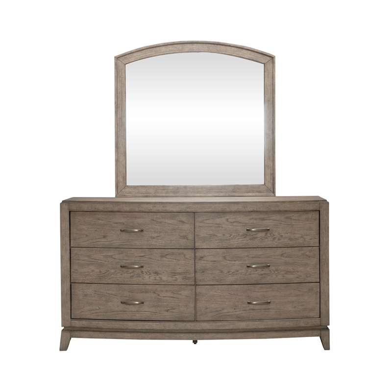 Pemberly Row Queen Upholstered Bed with Dresser Mirror and Nightstand