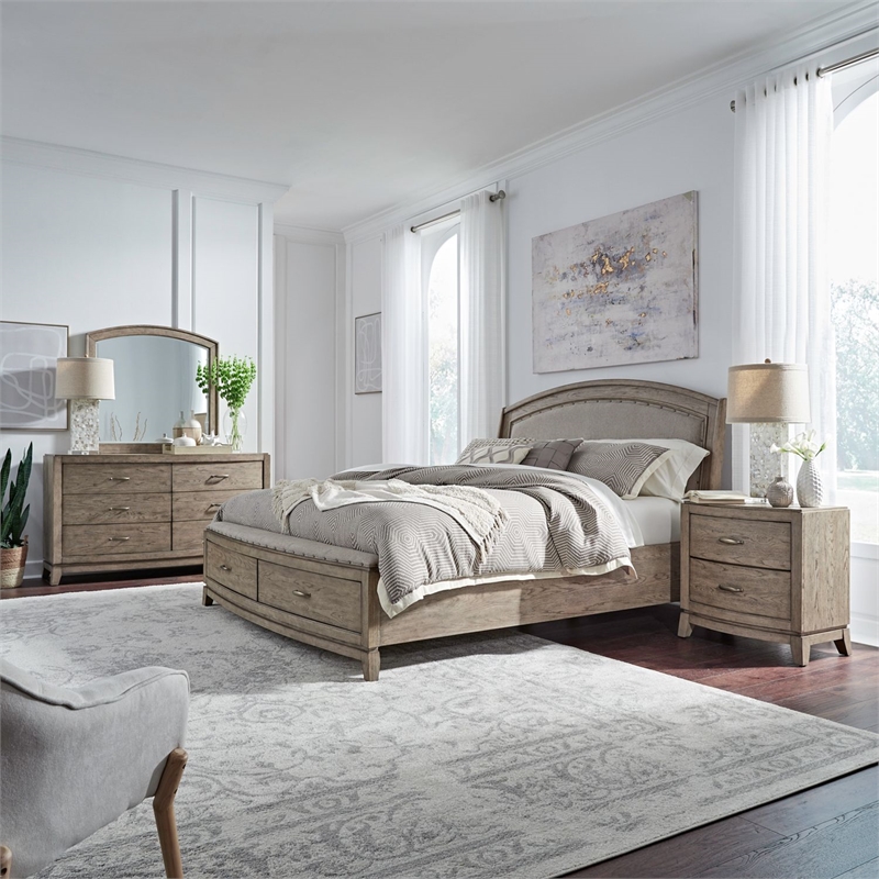 Pemberly Row Queen Upholstered Bed with Dresser Mirror and Nightstand