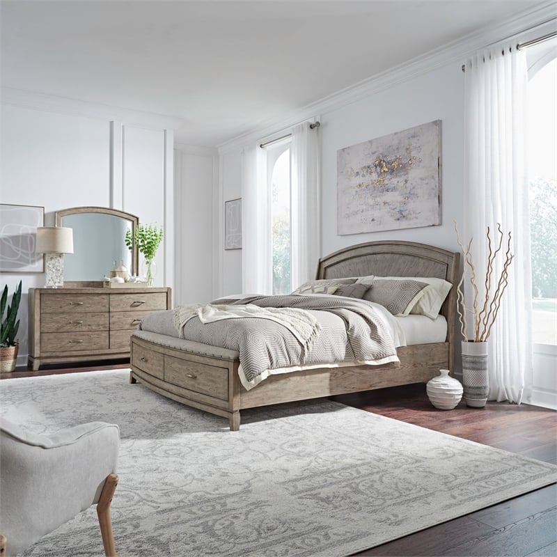 Pemberly Row King Panel Storage Bed with Dresser and Mirror in Burnished Beige