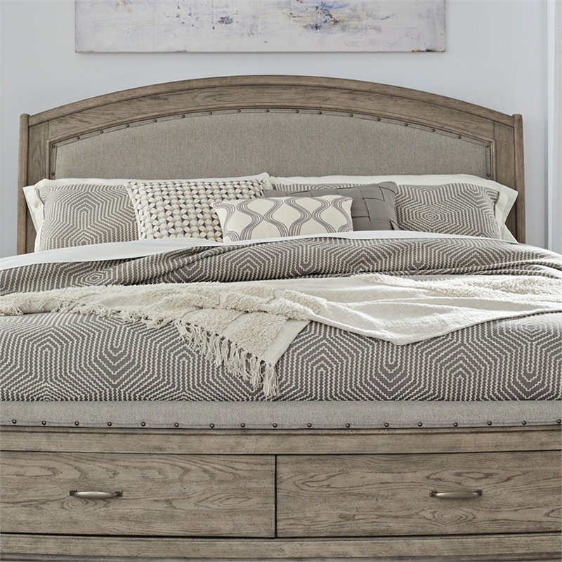 Pemberly Row Queen Upholstered Bed with Dresser Mirror Chest and Nightstand
