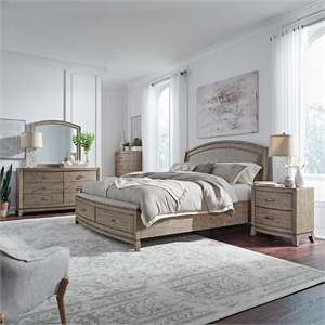 Pemberly Row Queen Upholstered Bed with Dresser Mirror Chest and Nightstand