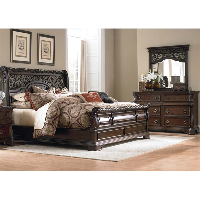 Pemberly Row King Sleigh Bed with Dresser and Mirror in Brownstone