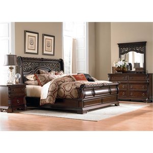 Pemberly Row Queen Sleigh Bed with Dresser Mirror and Nightstand in Brownstone