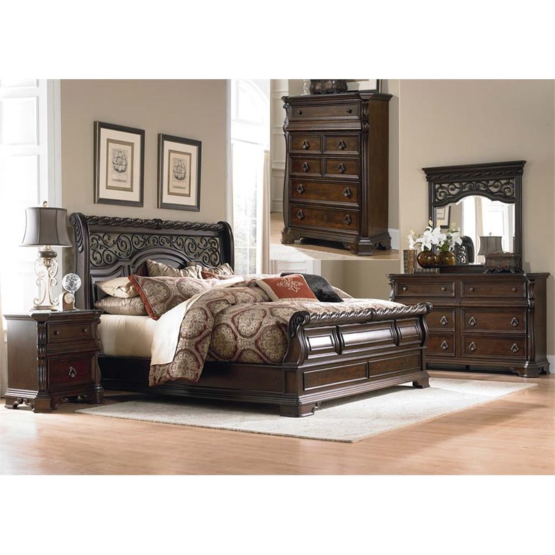 Pemberly Row Queen Sleigh Bed with Dresser Mirror Chest and Nightstand