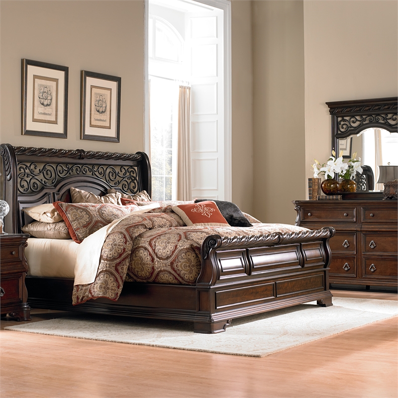 Pemberly Row King Sleigh Bed with Dresser Mirror and Chest in Brownstone