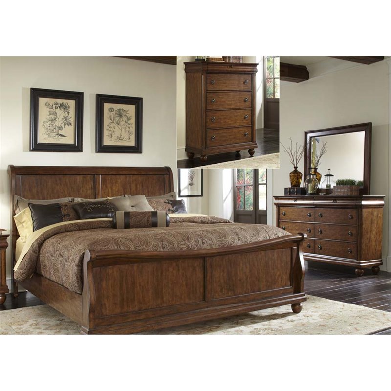 Pemberly Row King Sleigh Bed with Dresser Mirror and Chest in Rustic Cherry