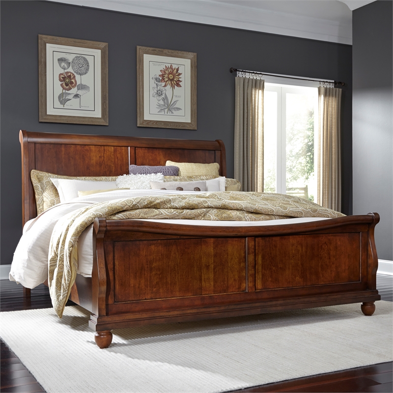 Pemberly Row King Sleigh Bed with Dresser and Mirror in Rustic Cherry