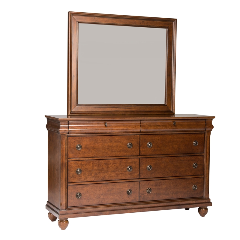Pemberly Row King Sleigh Bed with Dresser and Mirror in Rustic Cherry