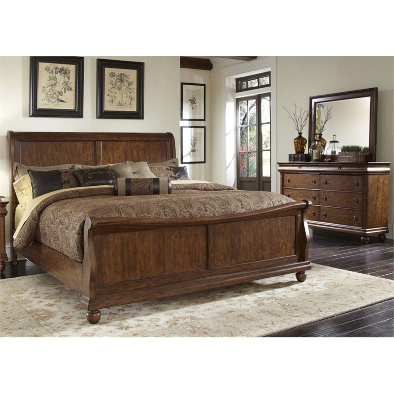 Pemberly Row King Sleigh Bed with Dresser and Mirror in Rustic Cherry