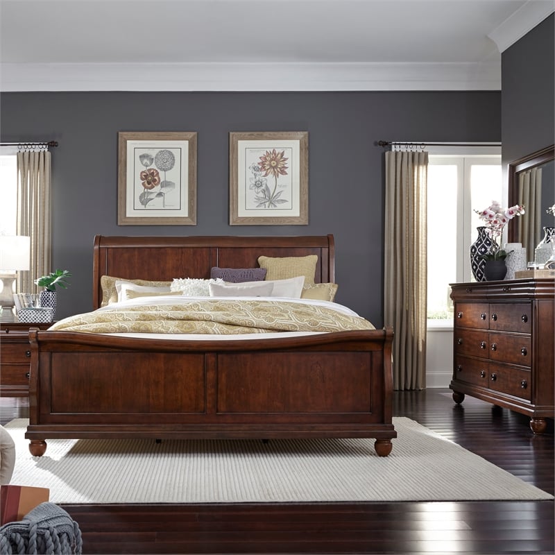 Pemberly Row King Sleigh Bed with Dresser Mirror and Nightstand in Rustic Cherry