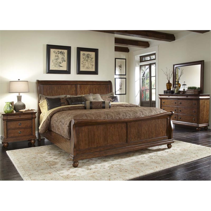 Pemberly Row King Sleigh Bed with Dresser Mirror and Nightstand in Rustic Cherry