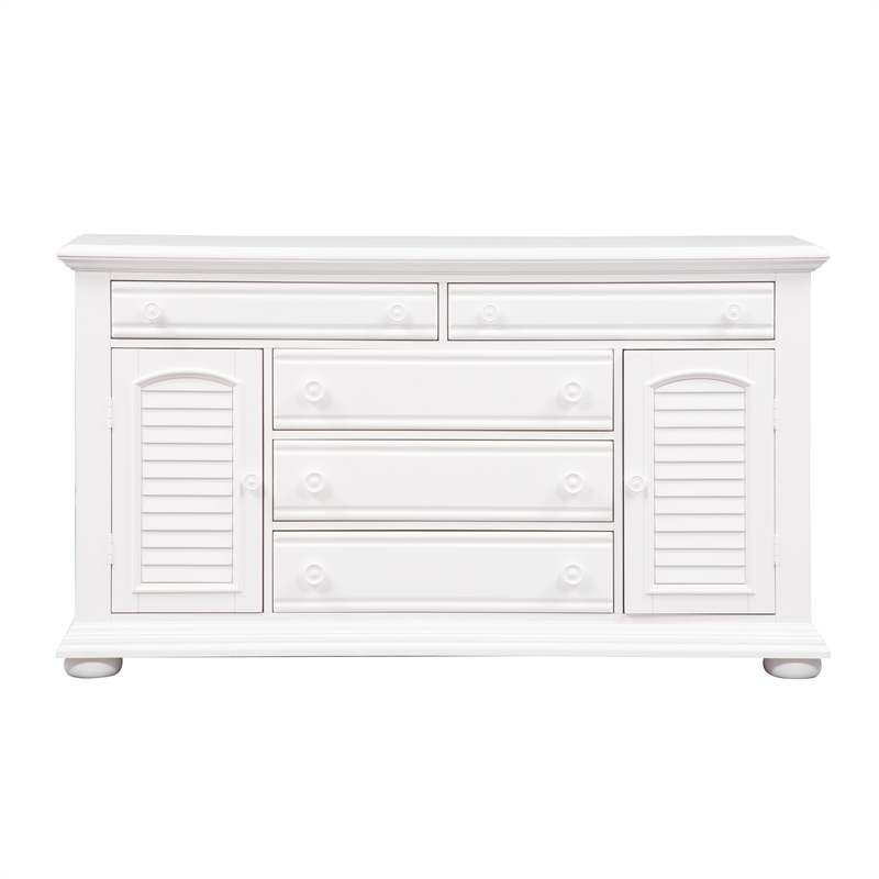 Pemberly Row 5 Drawer Dresser with 2 Louvered Doors in Oyster White