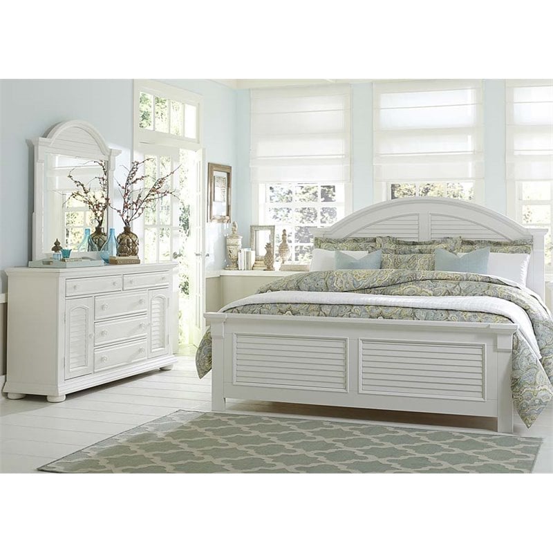 Pemberly Row King Panel Bed with Dresser and Mirror in Oyster White