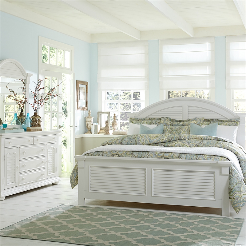 Pemberly Row Queen Panel Bed with Dresser Mirror and Nightstand in White