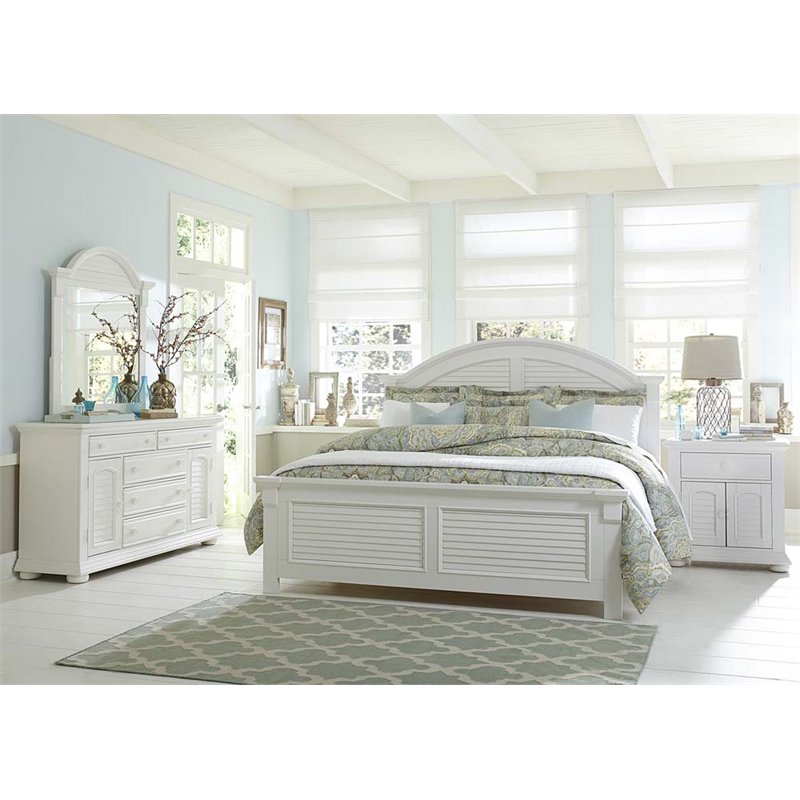 Pemberly Row Queen Panel Bed with Dresser Mirror and Nightstand in White