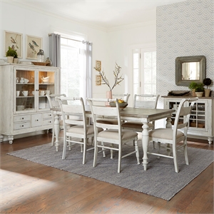 Pemberly Row 7 Piece Rectangular Dining Set with Slat Back Chairs in Linen