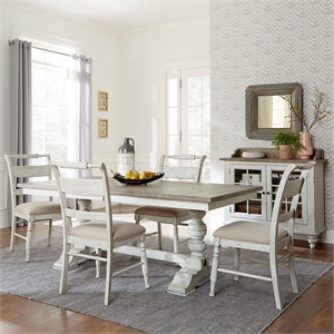 Pemberly Row 5 Piece Trestle Dining Set with Upholstered Chairs in Linen