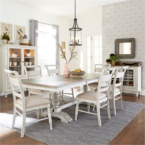 Pemberly Row 7 Piece Trestle Dining Set with Slat Back Chairs in Linen