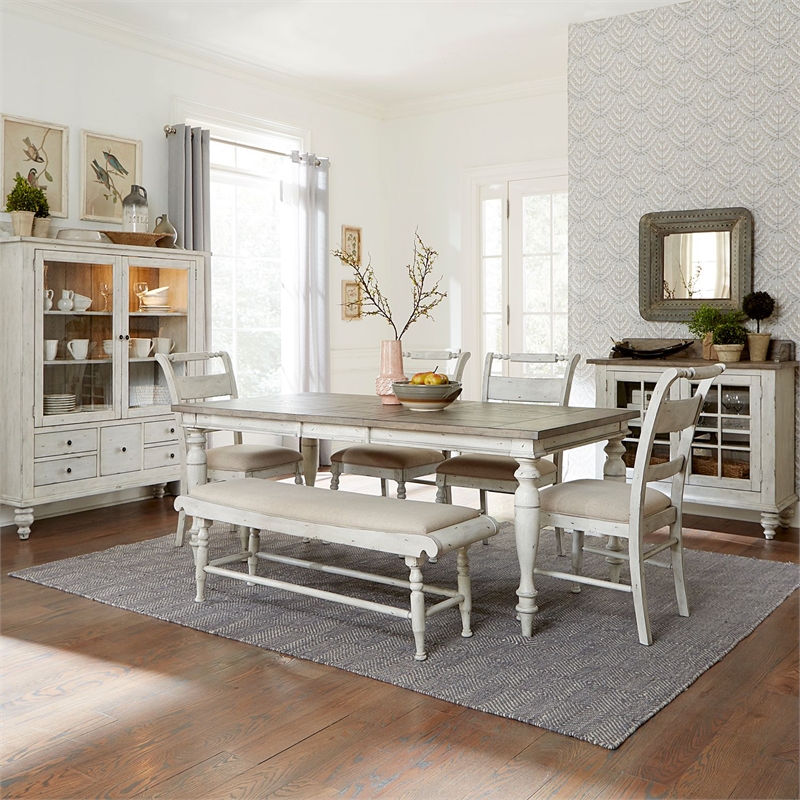 Pemberly Row 6 Piece Rectangular Dining Set with Bench in Antique Linen
