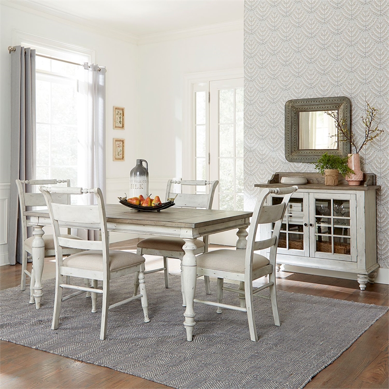 Pemberly Row 5 Piece Rectangular Dining Set with Slat Back Chairs in Linen