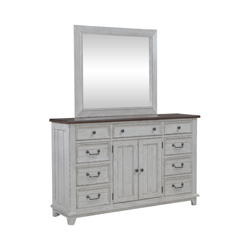 Pemberly Row Queen Panel Bed with Dresser Mirror and Chest in White