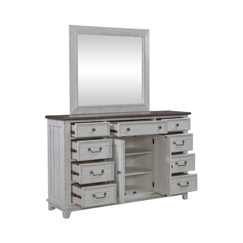 Pemberly Row Queen Panel Bed with Dresser Mirror and Chest in White