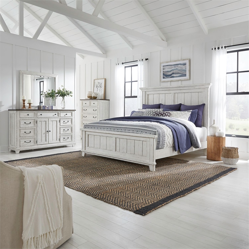 Pemberly Row Queen Panel Bed with Dresser Mirror and Chest in White