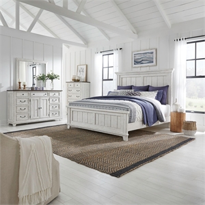 Pemberly Row Queen Panel Bed with Dresser Mirror and Chest in White